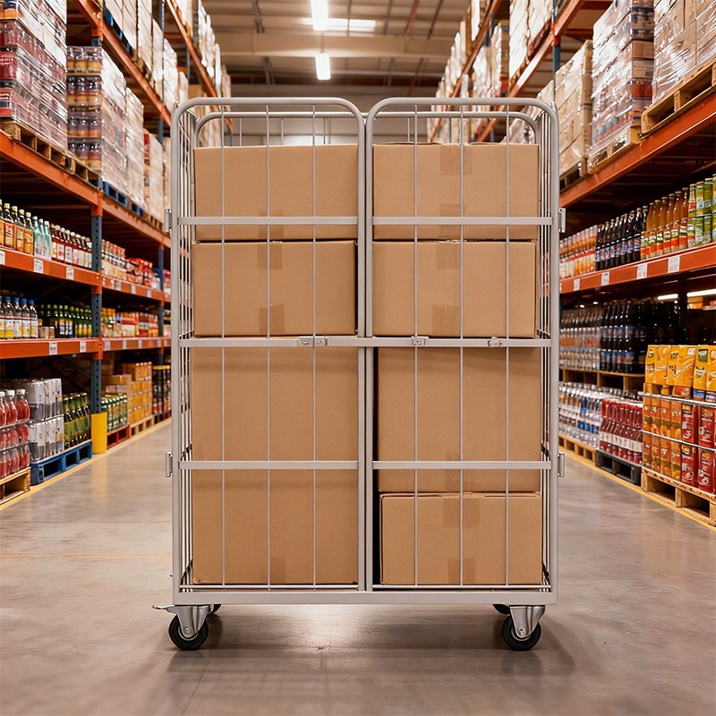 roll cage trolley, supermarket logistics cage, warehouse club trolley, retail replenishment cage, foldable distribution cart, laundry cage trolley, nestable roll container, 1700mm storage cage, industrial mesh trolley, warehouse stock cage