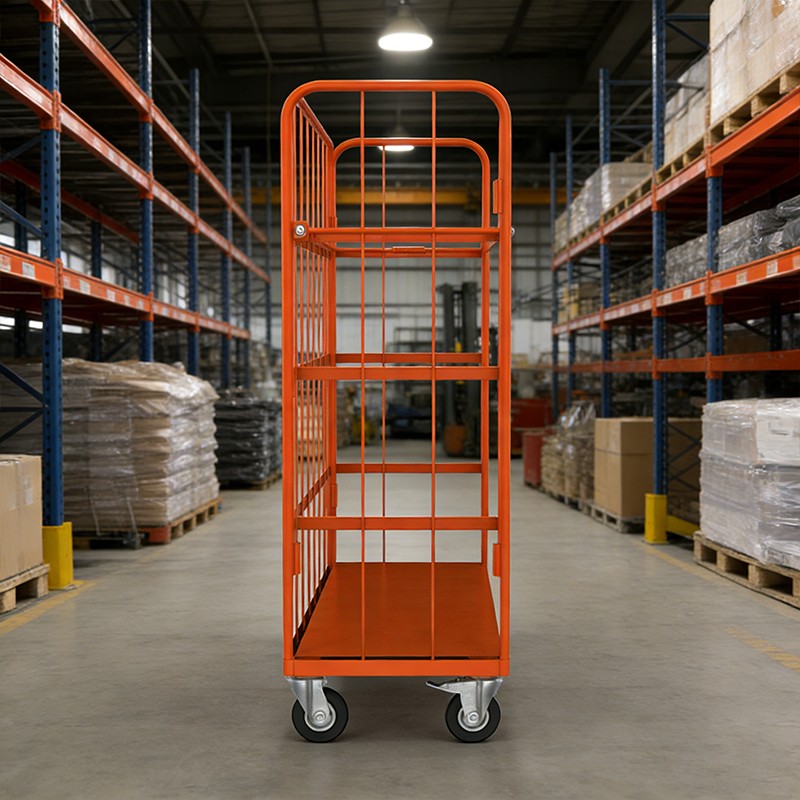 narrow aisle picking cage, extended sorting trolley, e-commerce fulfillment cart, multi-tier warehouse cage, parcel distribution trolley, slim logistics container, industrial order picking cart, long-base mesh trolley, warehouse mezzanine cage, high-