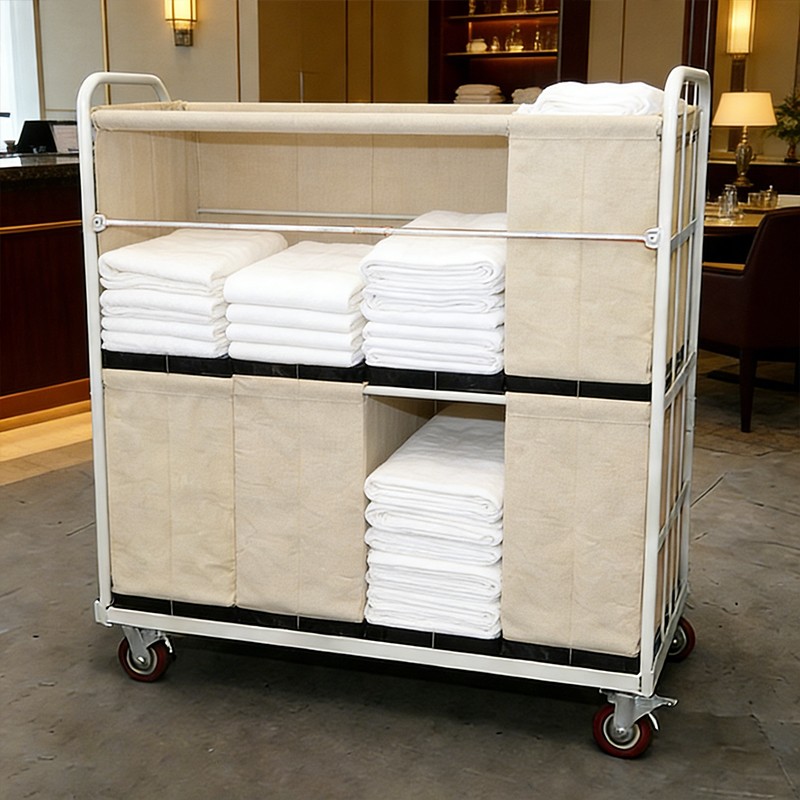 linen distribution trolley, hotel laundry cage, hospitality roll container, luxury hotel trolley, silent laundry cart, multi-compartment linen cart, commercial laundry cage, industrial fabric trolley, guest service cart, hotel back-of-house equipment