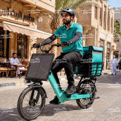 solar assisted electric delivery bike, solar electric bike for food delivery, electric delivery bike Middle East, food courier electric bicycle, delivery bike UAE, electric delivery bike Saudi Arabia, solar charging delivery bike, electric bike with