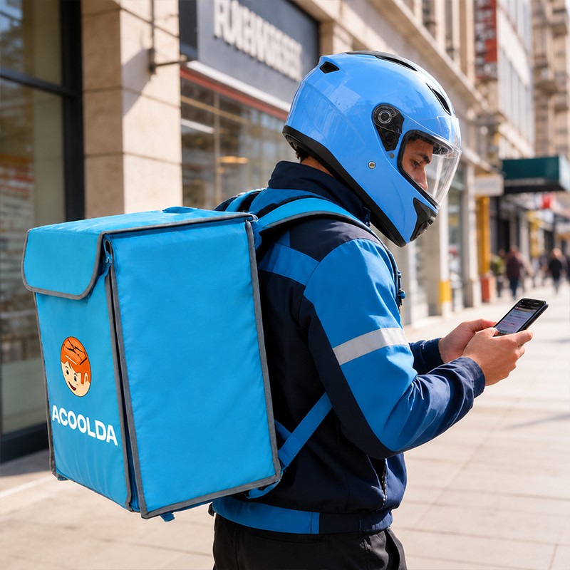 tall insulated food delivery backpack, 62L restaurant delivery bag, blue tall courier backpack, 53cm height food delivery backpack, delivery backpack with shelf, 32cm depth takeaway bag, mesh padded food courier bag, 500D PVC restaurant backpack, fro